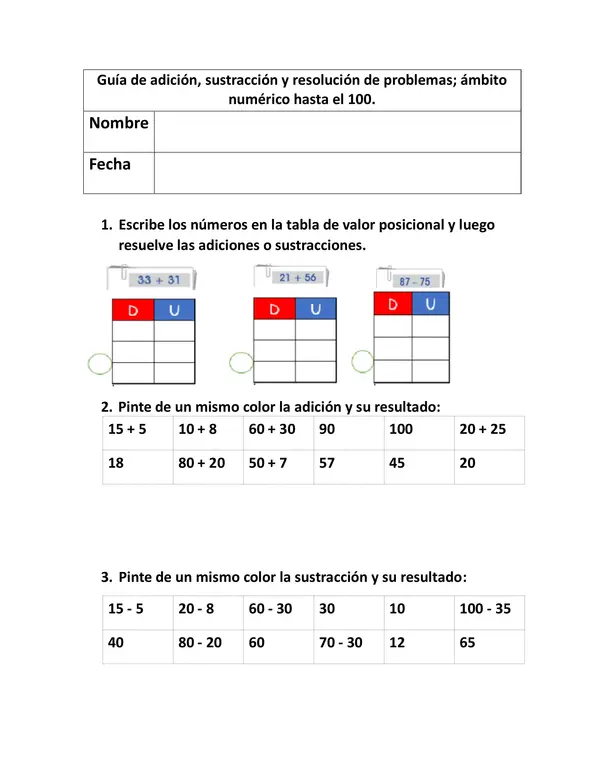 Guía adición, sustracción, resolución de problemas de 0-100.