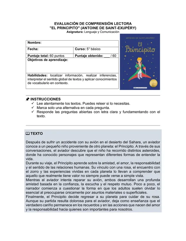Prueba del libro "El Principito” (ANTOINE DE SAINT-EXUPÉRY)