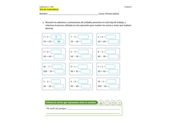 test de adiciones y sustracciones  primero básico