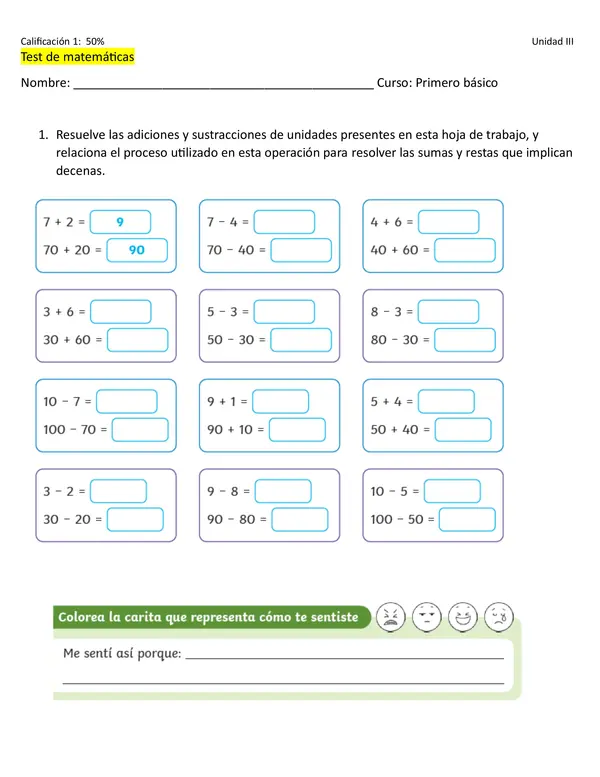 test de adiciones y sustracciones  primero básico