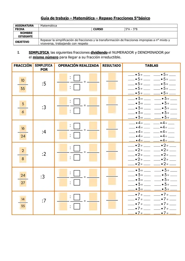 Guía refuerzo fracciones y números mixtos