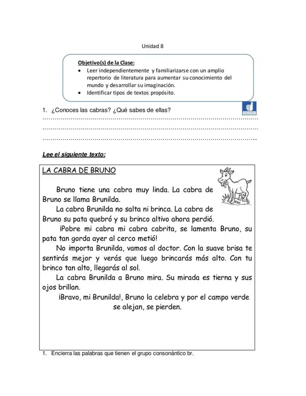 Guia de Lectura La Cabra de Bruno y Grupo BR para Lenguaje 1 Basico