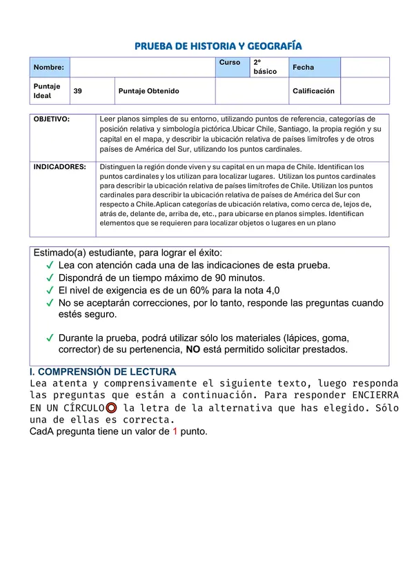prueba de historia y geografía 2° básico 