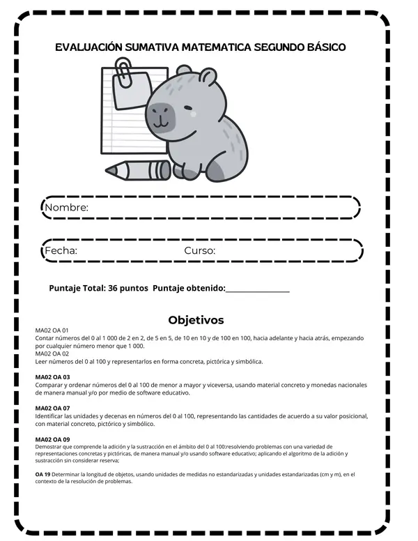 Prueba de matemática segundo básico 