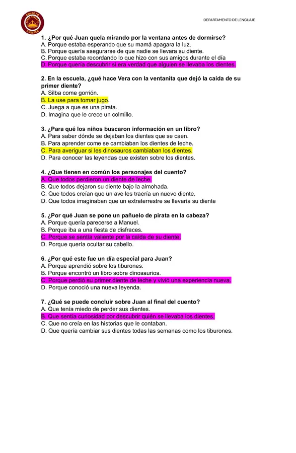 Guía de comprensión de lectura 4°