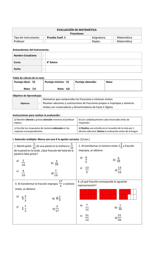 Prueba de fracciones para 6° básico
