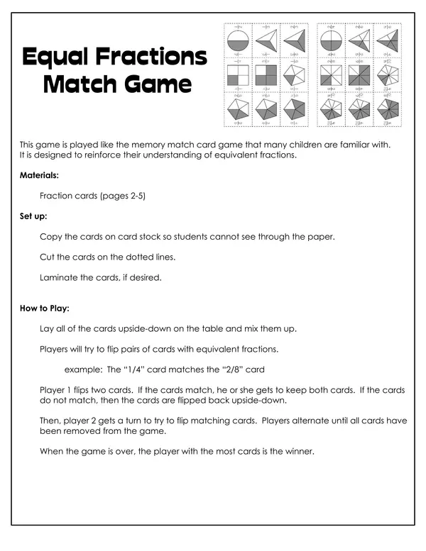 Equivalent fractions memory match game