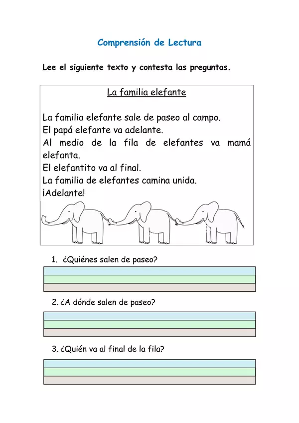Comprensión de lectura corta "Familia de elefantes"