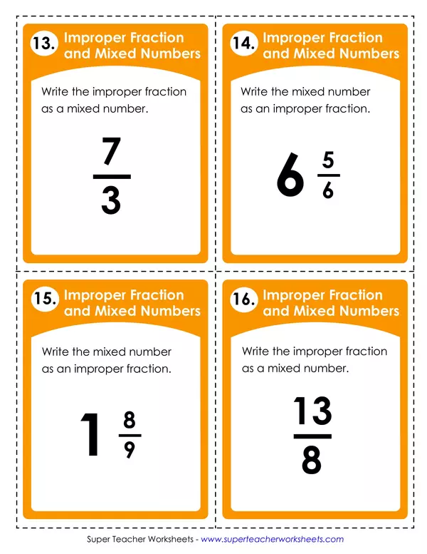 Mixed number and improper fractions task cards