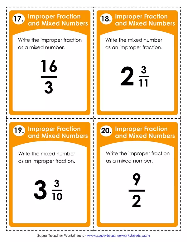 Mixed number and improper fractions task cards