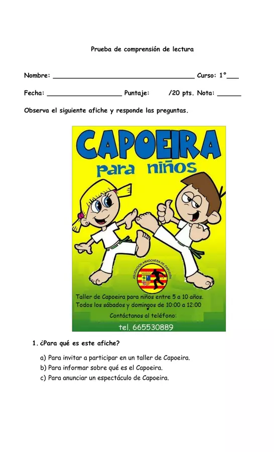 Prueba de Comprensión de lectura "Capoeira para niños"