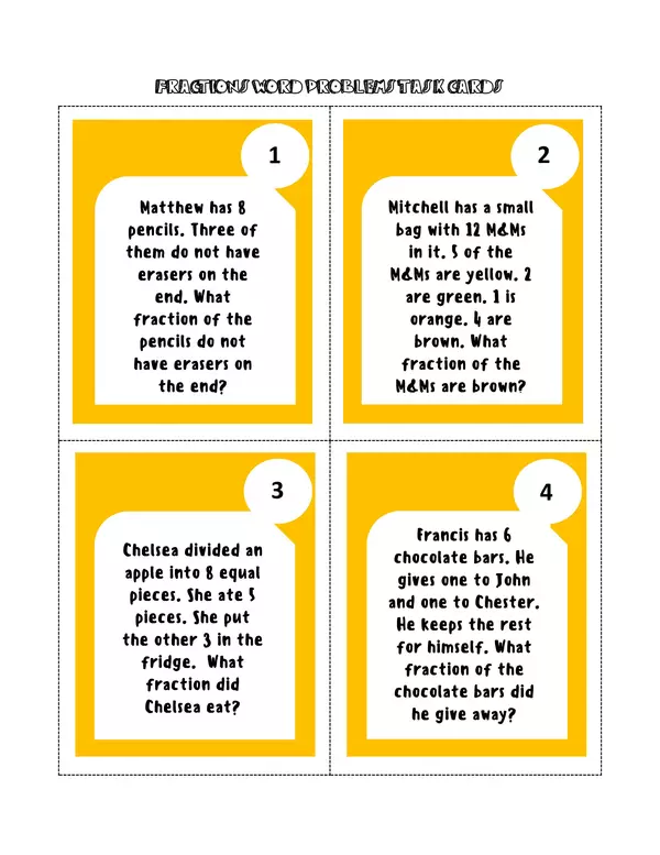 Fractions word problemas task cards