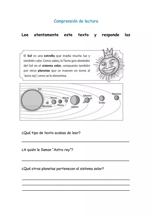 Comprensión de lectura texto informativo "Sistema Solar"