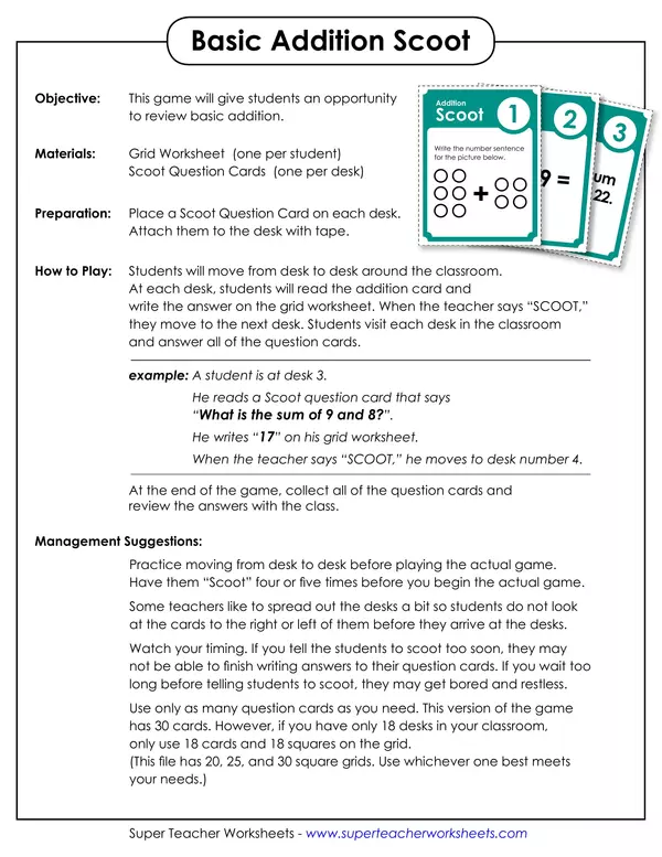 Basic addition scoot game