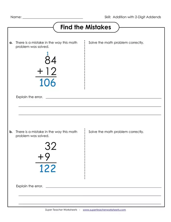 Find the mistake: two digit addition (regrouping)