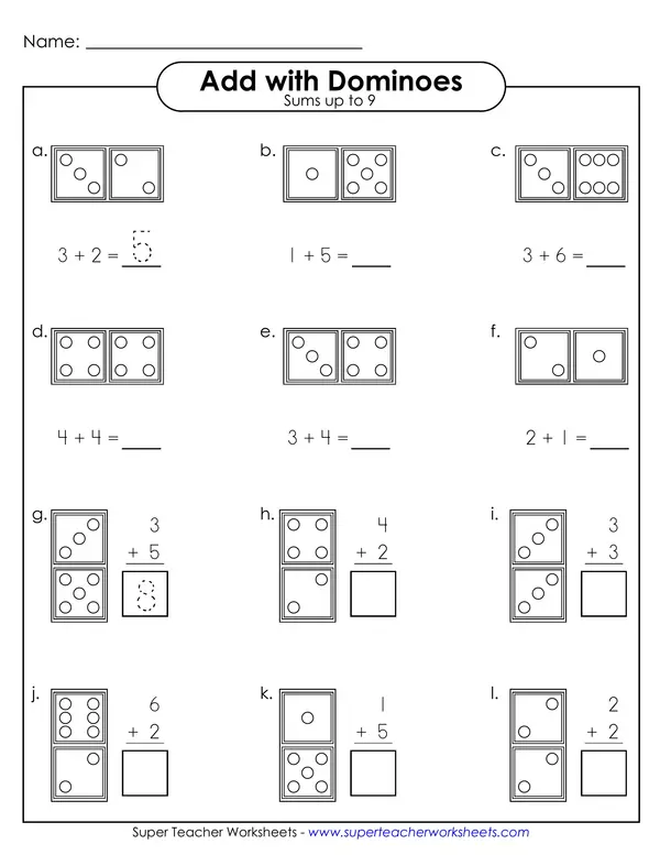 Addition with dominoes: sum up to 9