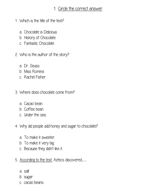 History of Chocolate: Comprehension Questions - Vocabulary in Context - Main Idea and Details