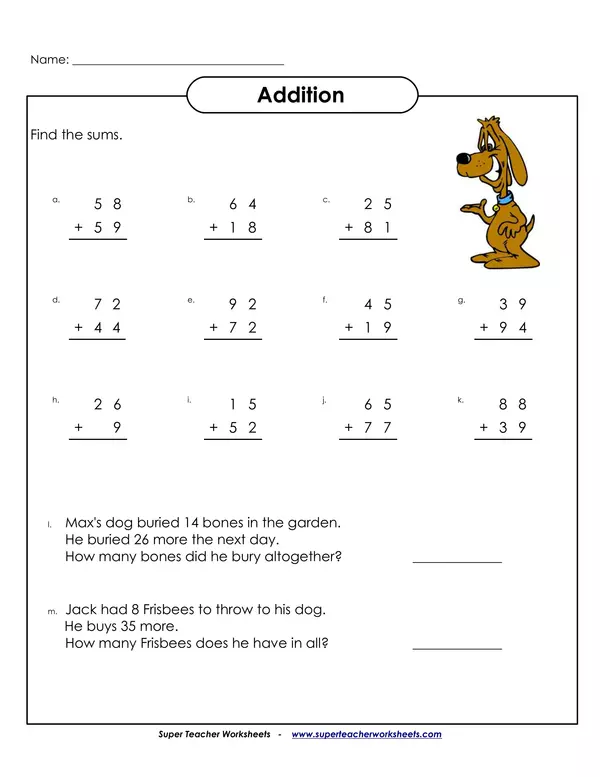 Addition exercises and word problems worksheet #1 (regrouping)