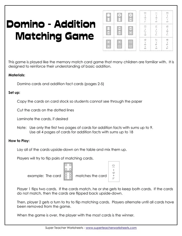 Domino-addition memory match game