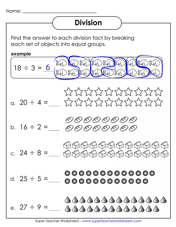 Divition with equal groups technique worksheet 