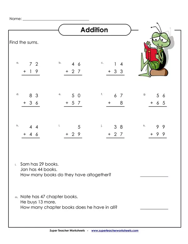 Addition exercises and word problems worksheet #2 (regrouping)