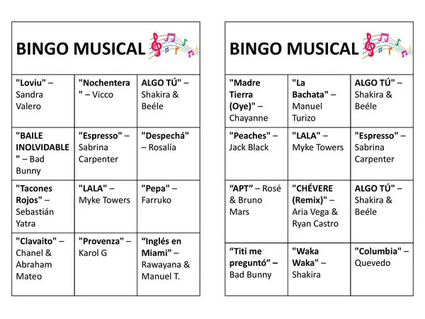Bingo musical para jóvenes y adultos