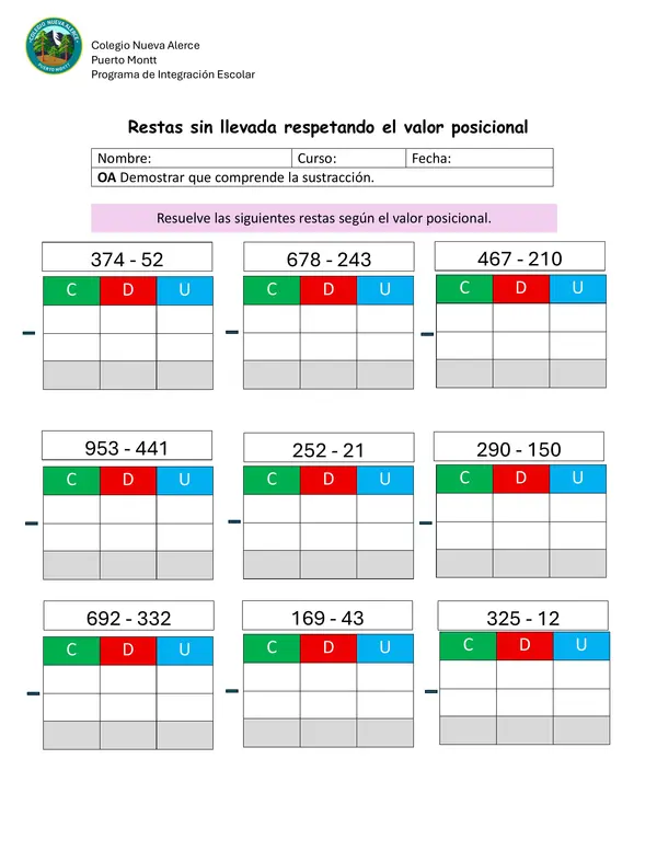 Retas sin llevada respetando el valor posicional