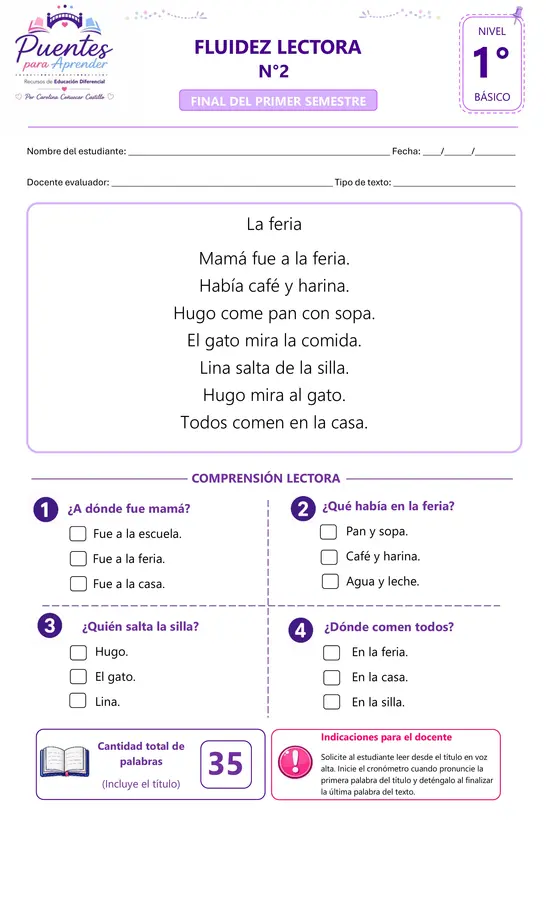 Kit de Evaluación de Fluidez y Comprensión Lectora 1° Básico