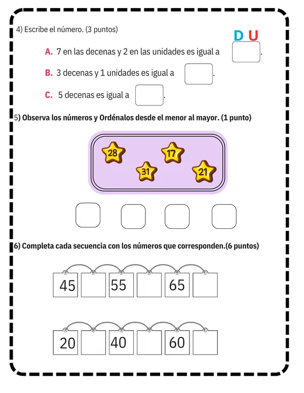 Prueba de segundo básico matemática números y operaciones y Longitud.