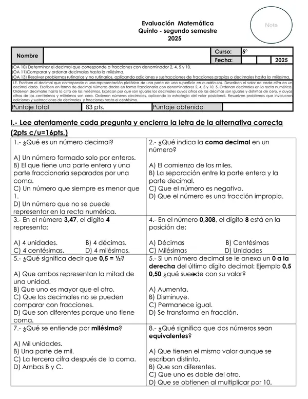 Evaluación Decimales y Fracciones 5° Básico: conversión, orden y operaciones 