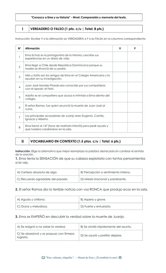 EVALUACIÓN LIBRO UN SECRETO EN MI COLEGIO 7MO LENGUA Y LITERATURA