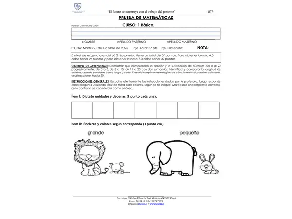 Prueba Unidad 3 matemáticas 1ro básico