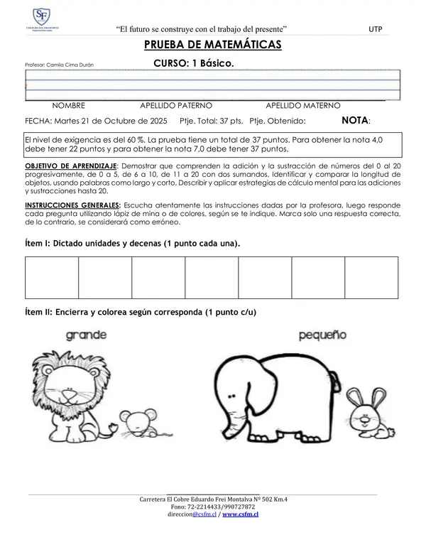 Prueba Unidad 3 matemáticas 1ro básico