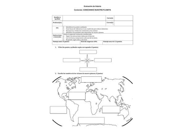 Evaluación Historia 3° Básico: Puntos Cardinales, Continentes y Océanos