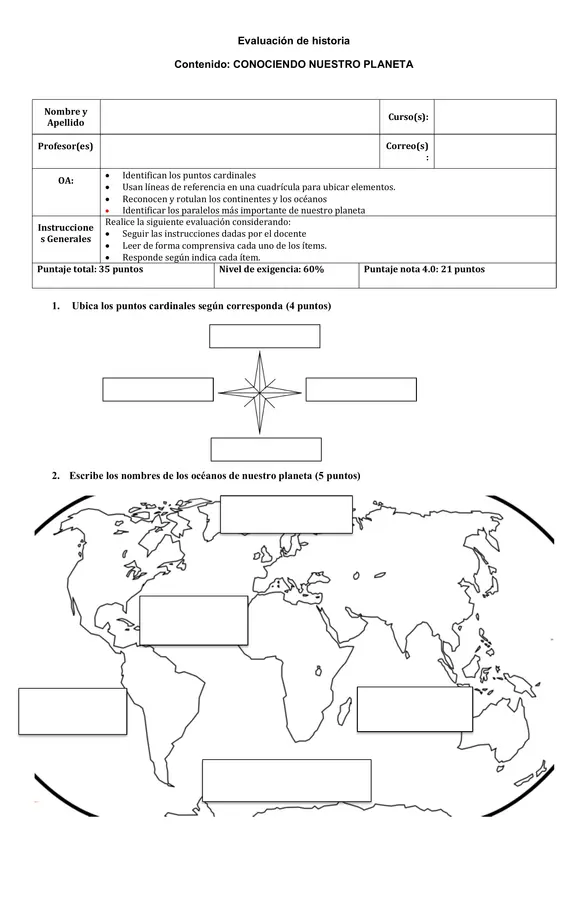 Evaluación Historia 3° Básico: Puntos Cardinales, Continentes y Océanos