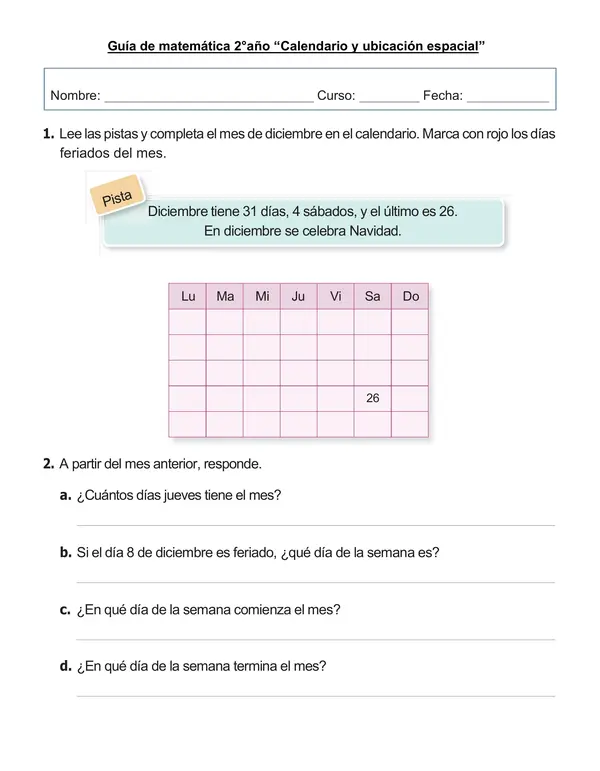 Guía de matemática 1°- 2°año "Calendario y ubicación espacial"
