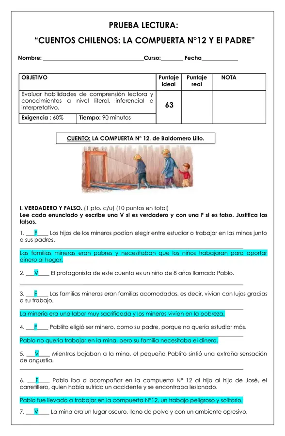 Prueba Lectura - La compuerta N°12 y El padre