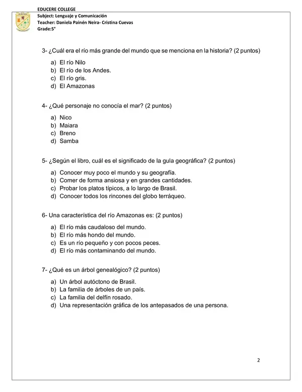 Diario de Pilar en Amazonas prueba 5to básico 