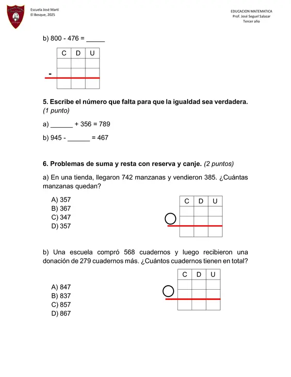 Mini Prueba de Matemáticas – Números hasta el 1000