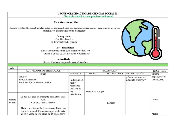 El cambio climático como problema ambiental y de justicia social. Planificación de clase
