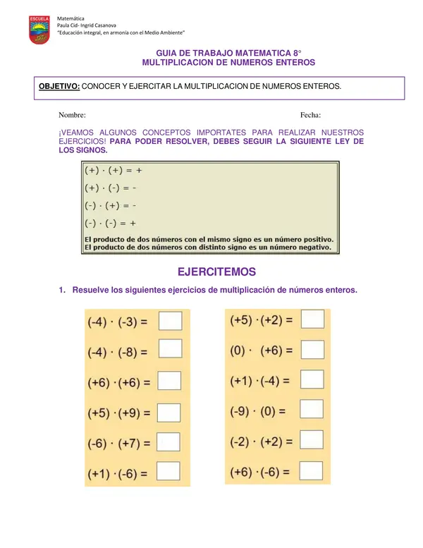 Guía Números multiplicación de números Enteros