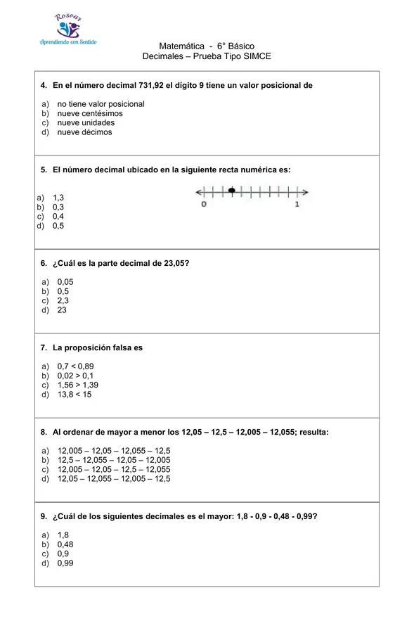 Decimales 6° Básico, Prueba tipo SIMCE, con hoja de respuesta y pauta de corrección