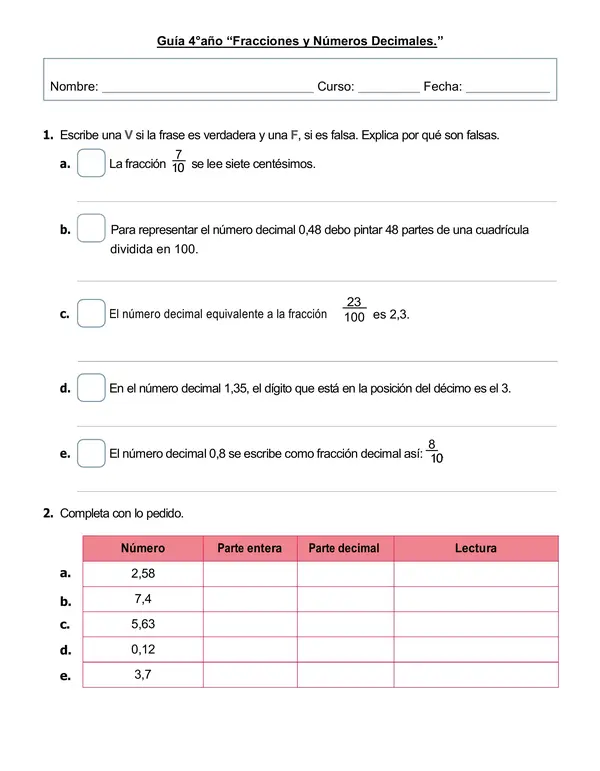 Guía 4°año "Fracciones y Números Decimales".