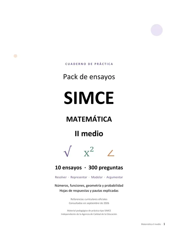 Pack 10 Ensayos SIMCE Matemática II Medio | 300 preguntas + pautas ✦ Editable