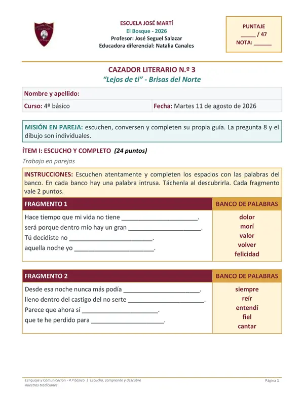 Cazador Literario N.º 3 – “Lejos de ti” - 4º básico