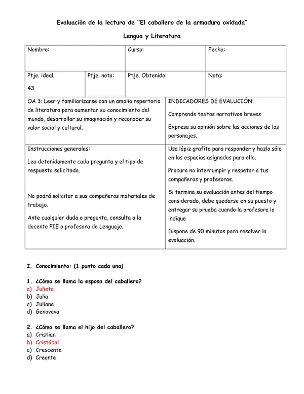 Evaluación de la lectura de "El caballero de la armadura oxidada"