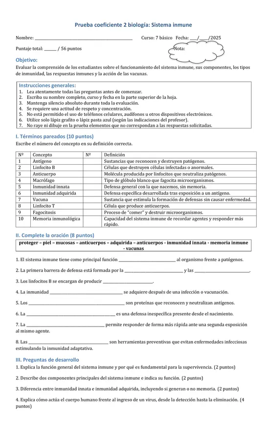🛡️ Evaluación Sistema Inmune – 7° Básico