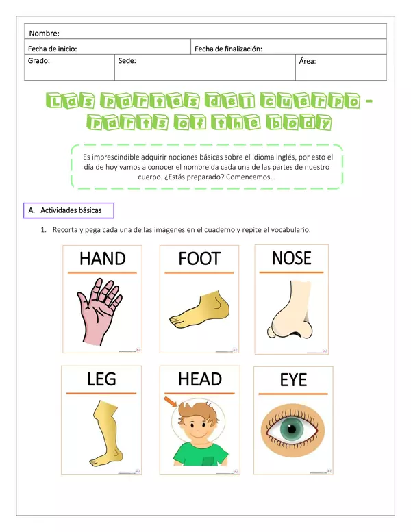 Guía de inglés "Las partes del cuerpo" 