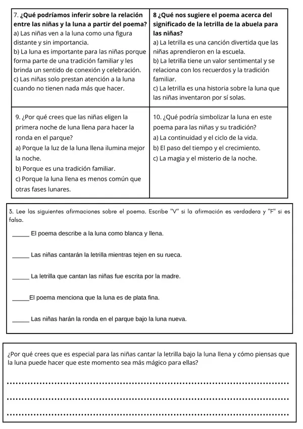 Comprensión lectora, Poemas Ficha 1
