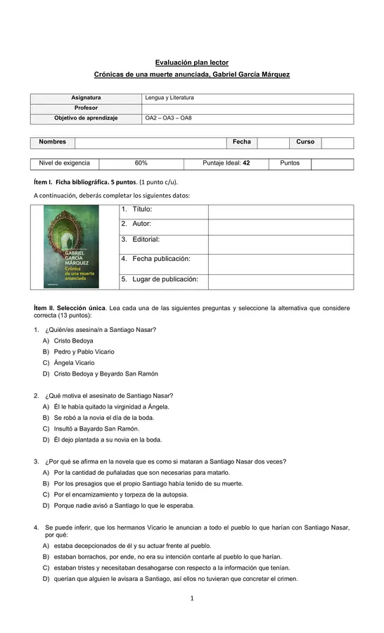 Evaluación - Control lector: Crónicas de una muerte anunciada 